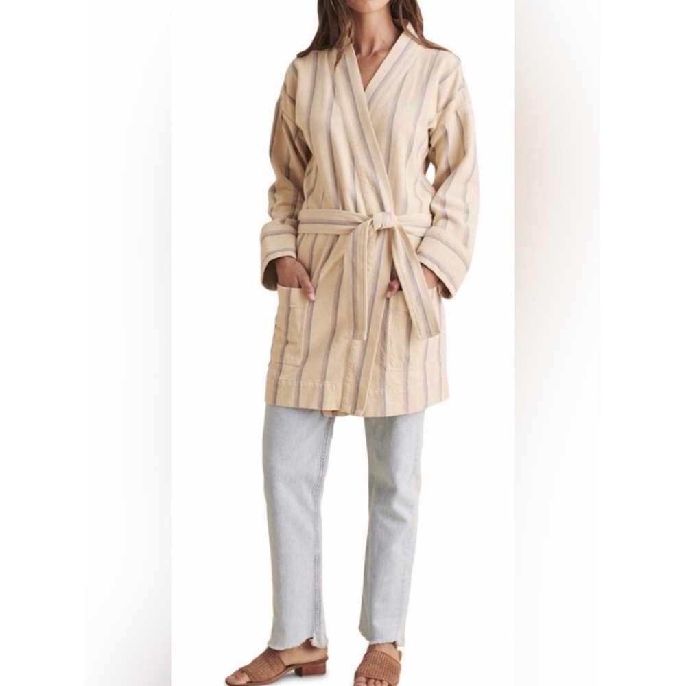 Faherty Palm Springs Linen Blend Robe Jacket Small Striped Belted Wrap Coat